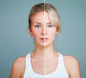 Before and after split of a woman with redness